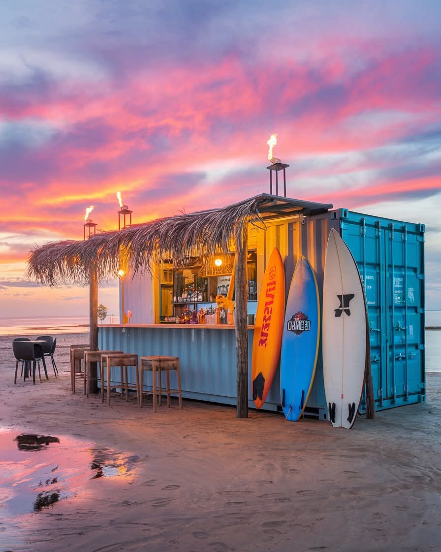 Beach bar next to our container office at sunset